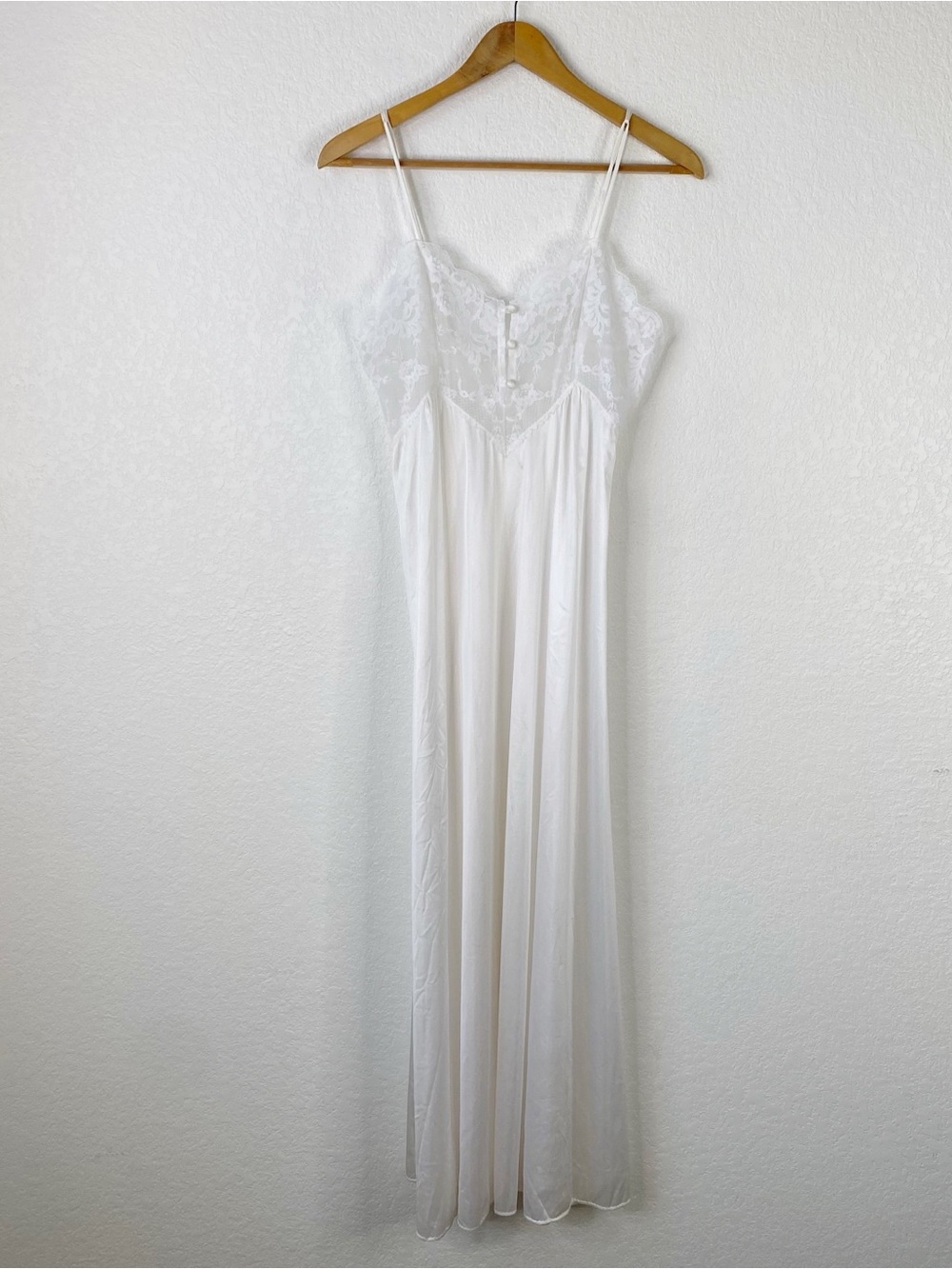 Vintage Kayser White Satin Floral Lace Maxi Nightgown
